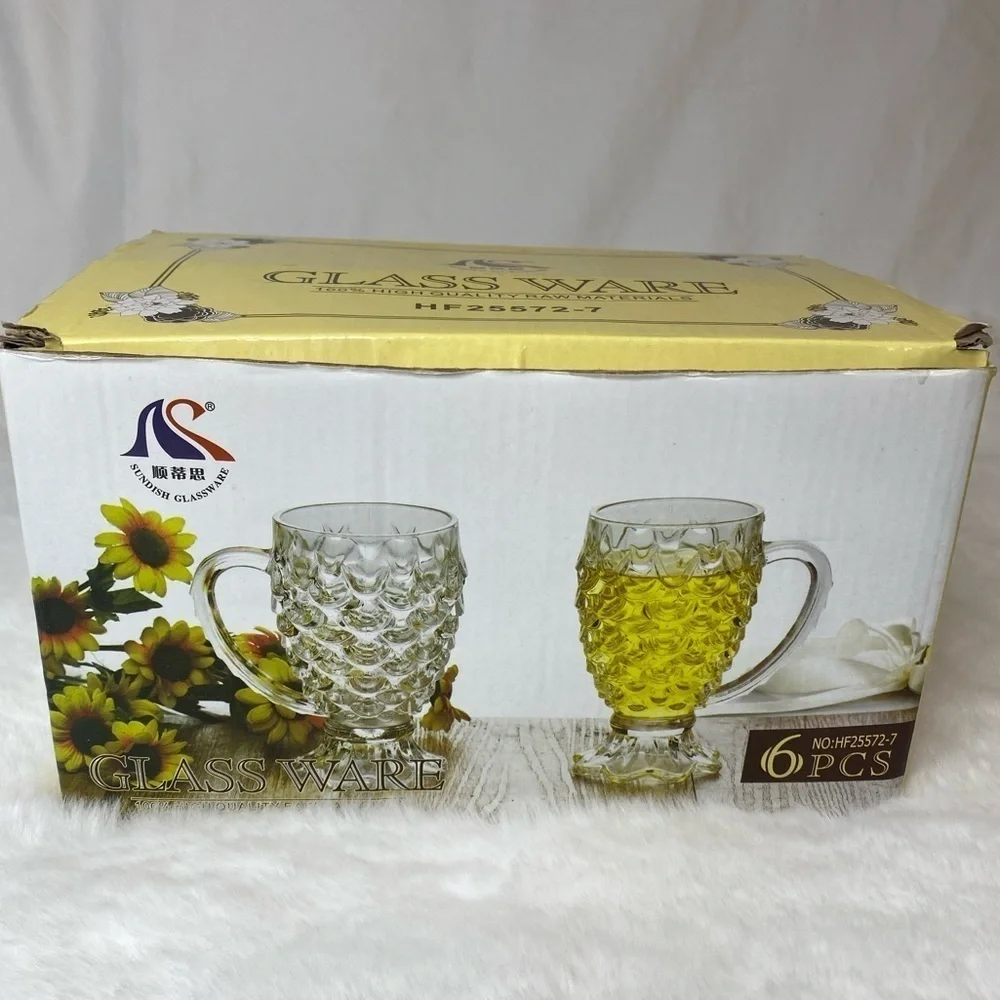 Vintage Style Pineapple Glass Mugs - Set of 6 - Embossed Crystal Clear Juice Cup